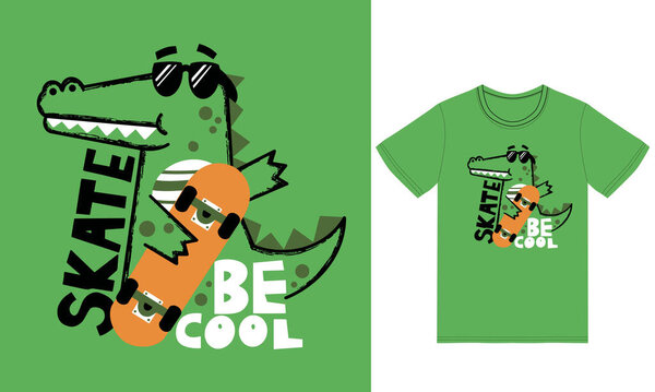 Симпатичный крокодил держит скейтборд иллюстрация с футболкой дизайн премиум вектор