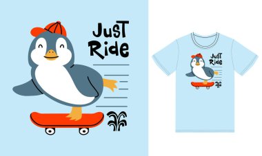Tişört tasarımı premium vektörü ile kaykay resimleme oynayan sevimli penguen