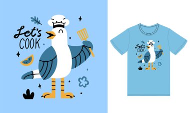 Tişört tasarım vektörüyle sevimli şef martı çizimi