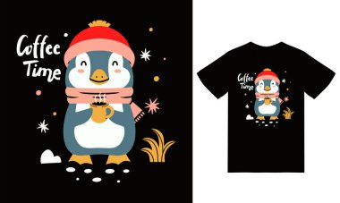 Tişört tasarım vektörlü şirin penguen kahve saati çizimi