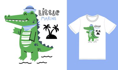 Tişört tasarımı premium vektörlü şirin timsah deniz çizimi