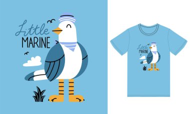 Tişört tasarımlı şirin martı deniz illüstrasyonu premium vektörü