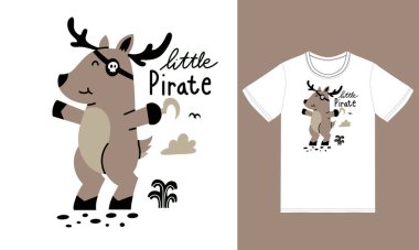 Tişört tasarımı premium vektörü olan sevimli korsan geyiği çizimi
