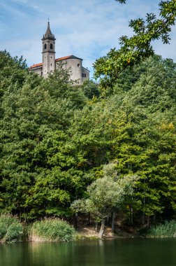 tower on the lake, church tower, trees, forest