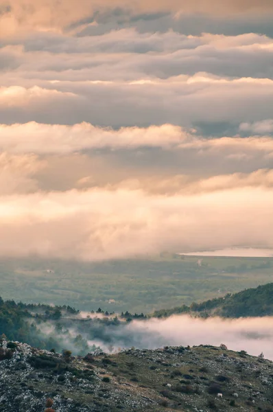 Fog Clouds Valley Sunset — Stock Fotó