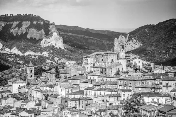 old town on the hill black and white