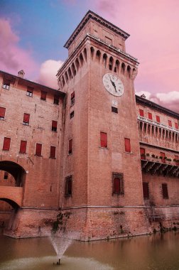 moat and clock tower, ferrara castle, este's fortress