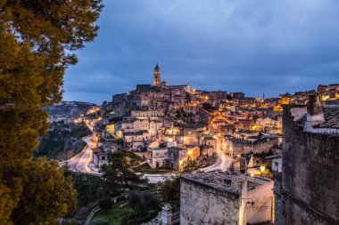 The Sassi of matera by night, ancient town, matera landscape by night, night lights