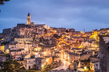 The Sassi of matera by night, ancient town, matera landscape by night, night lights