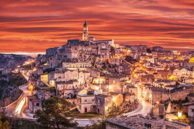 The Sassi of matera by night, ancient town, matera landscape by night, night lights