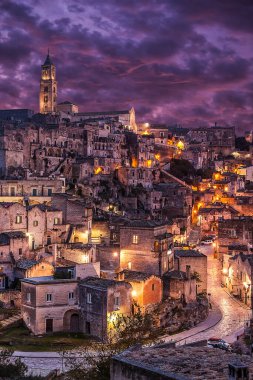 The Sassi of matera by night, ancient town, matera landscape by night, night lights