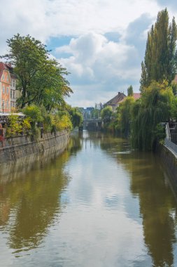 Ljubljana Kanalı, köprü ve renkli binalar.