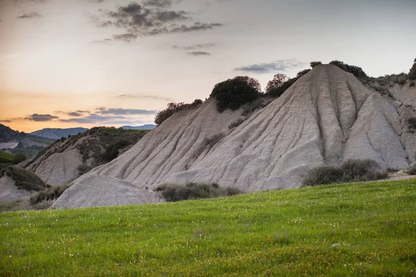 stock image sunset on the meadows in bloom in the badlands in spring, yellow meadows in spring