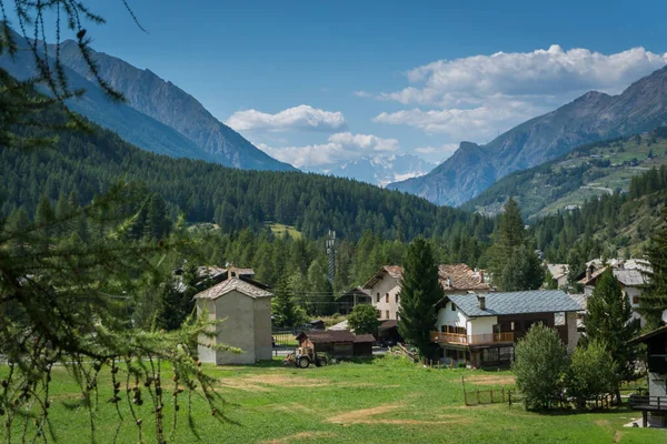 Alpské Údolí Budovami Výhledem Obec — Stock fotografie