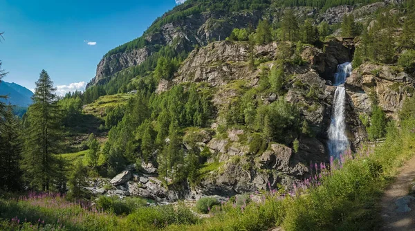 Bäcken Rinner Mellan Klipporna Och Skapar Ett Alpint Vattenfall — Stockfoto