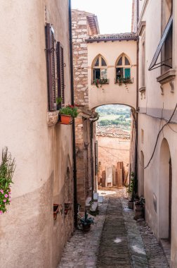 Umbria İtalya 'da bir ortaçağ kasabasının tarihi merkezinde dekoratif çiçeklerle dolu bir sokak.