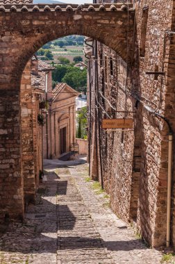 Umbria İtalya 'da bir ortaçağ kasabasının tarihi merkezinde dekoratif çiçeklerle dolu bir sokak.