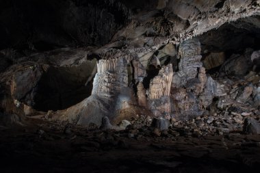 Stalactites and stalagmites in the central chamber of the cave