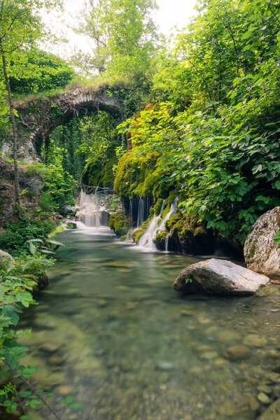 The river flows downstream through the wilderness forest creating waterfalls flowing over rocks covered with green, yellow and red moss. Lost places for adventures