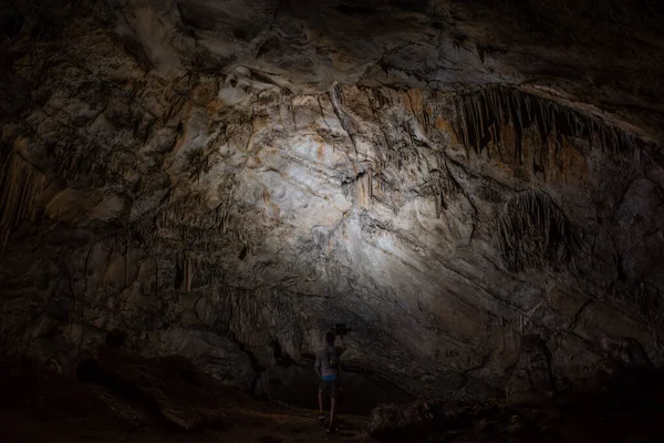 洞窟の中央には鍾乳石や石筍の列があり — ストック写真