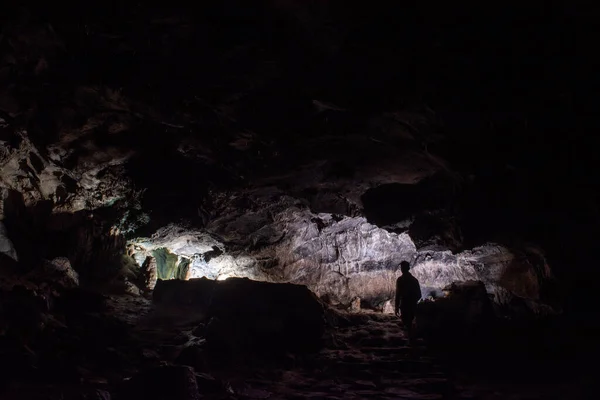 Cavers Inspect Cave Light Bulb Looking Stalactites Stalagmites — Stock Photo, Image