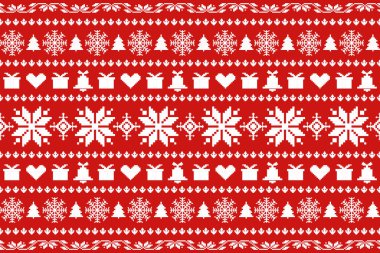 Merry christmas tree Santa Claus stocking heart snowflake bell reindeer holly red background celebrate festival December clothing wrapping vector illustration clipart