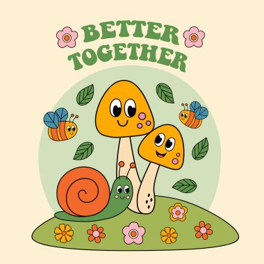 Sevimli mantarlı poster, arı, salyangoz