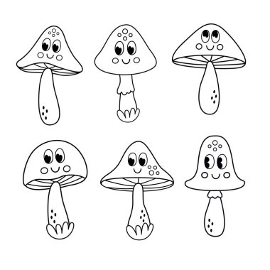 İzole edilmiş siyah beyaz çizgi film mantarları.