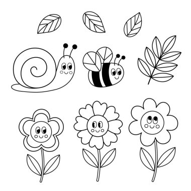 İzole edilmiş siyah beyaz çiçekler, arı, salyangoz.