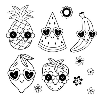 İzole edilmiş siyah beyaz meyve ve çiçekler.