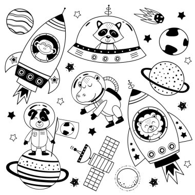 Bir grup uzay hayvanı. Köpek, aslan, su aygırı, rakun, uzayda maymun