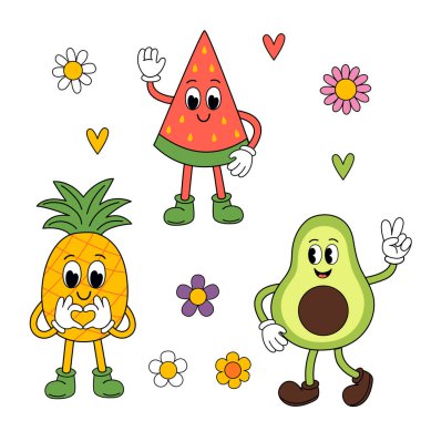 İzole edilmiş komik ananas, karpuz, avokado.