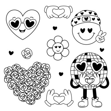 İzole edilmiş taslak, modası geçmiş hippi disko topu, kalp, çiçekler.