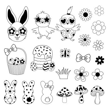 İzole edilmiş eski moda paskalya tavşanı, civciv, yumurta, çiçek.