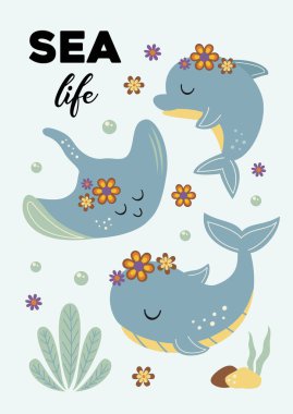 cute sea poster with whale, dolphin,ramp fish clipart