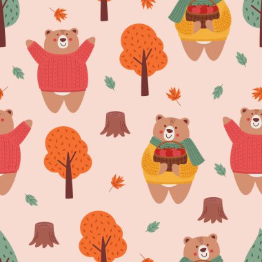 Şirin sonbahar ayısı ve ağaçlarıyla kusursuz desen.