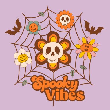 Halloween poster with spiderweb, skull, flowers clipart