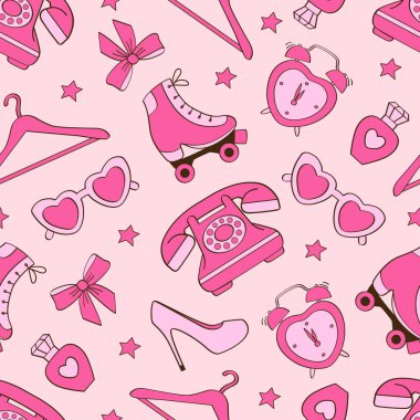 Pembe pürüzsüz desenli aksesuar, çalar saat, eski telefon