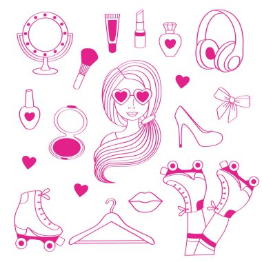 Bir set izole pembe kız, aksesuarlar, ayakkabılar, kozmetik, ayna