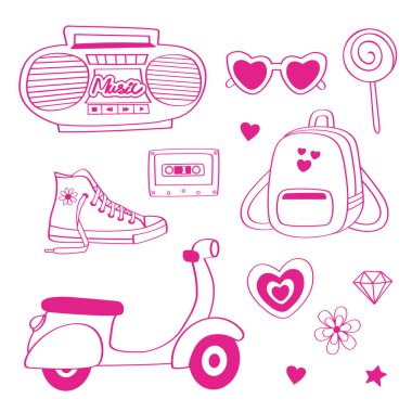 İzole edilmiş pembe kız etiketleri, telefon, kamera, spor ayakkabıları, şekerler.