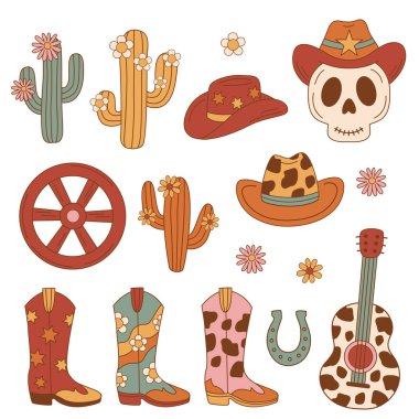 Vahşi batı etiketleri beyaz arkaplandaki simgeleri belirler