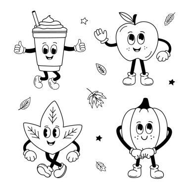 İzole edilmiş bir sonbahar yaprağı, balkabağı, elma, sıcak içecek seti.