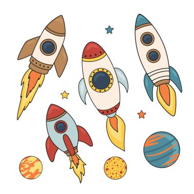İzole roketler, gezegenler, yıldızlar.