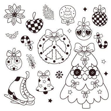 İzole edilmiş şirin Noel ağacı, çelenk, buz pateni, Noel süslemeleri.