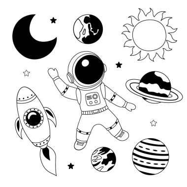 Bir grup izole astronot, gezegenler, Güneş, Ay, roket