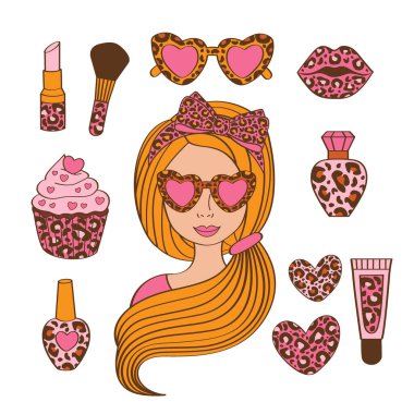 İzole edilmiş kız takımı, leopar aksesuarlar, kozmetik ürünler, kapkek.