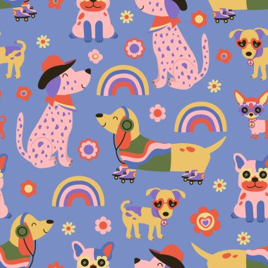 Kusursuz desenli retro Köpek, gökkuşağı, çiçekler