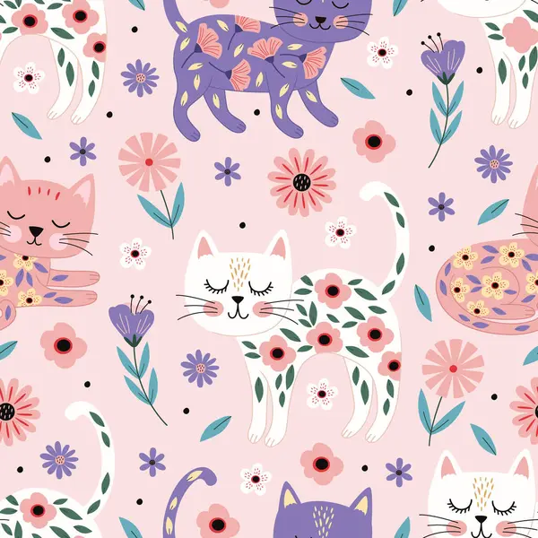 Sevimli kedi ve çiçeklerle kusursuz desen