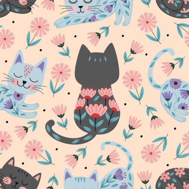 Güzel kedi ve çiçeklerle kusursuz bir desen.