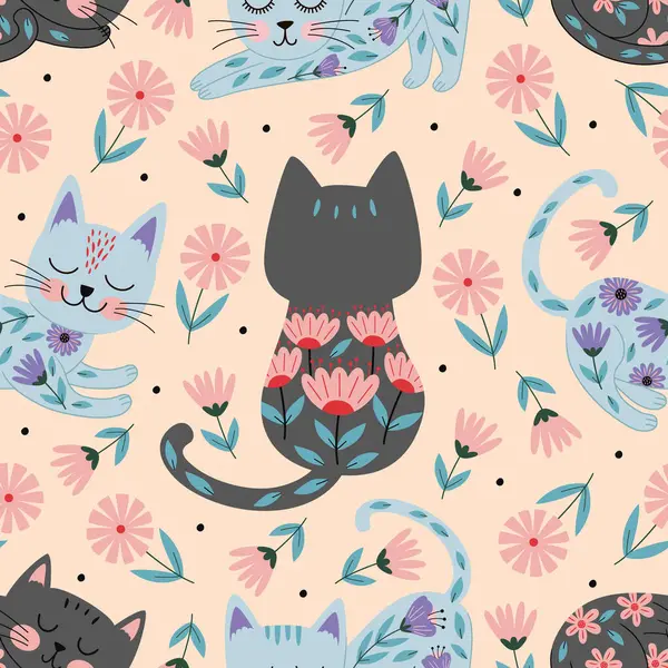 Güzel kedi ve çiçeklerle kusursuz bir desen.